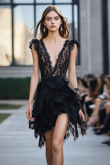 Black Lace Deep V-Neck Cocktail Dress
